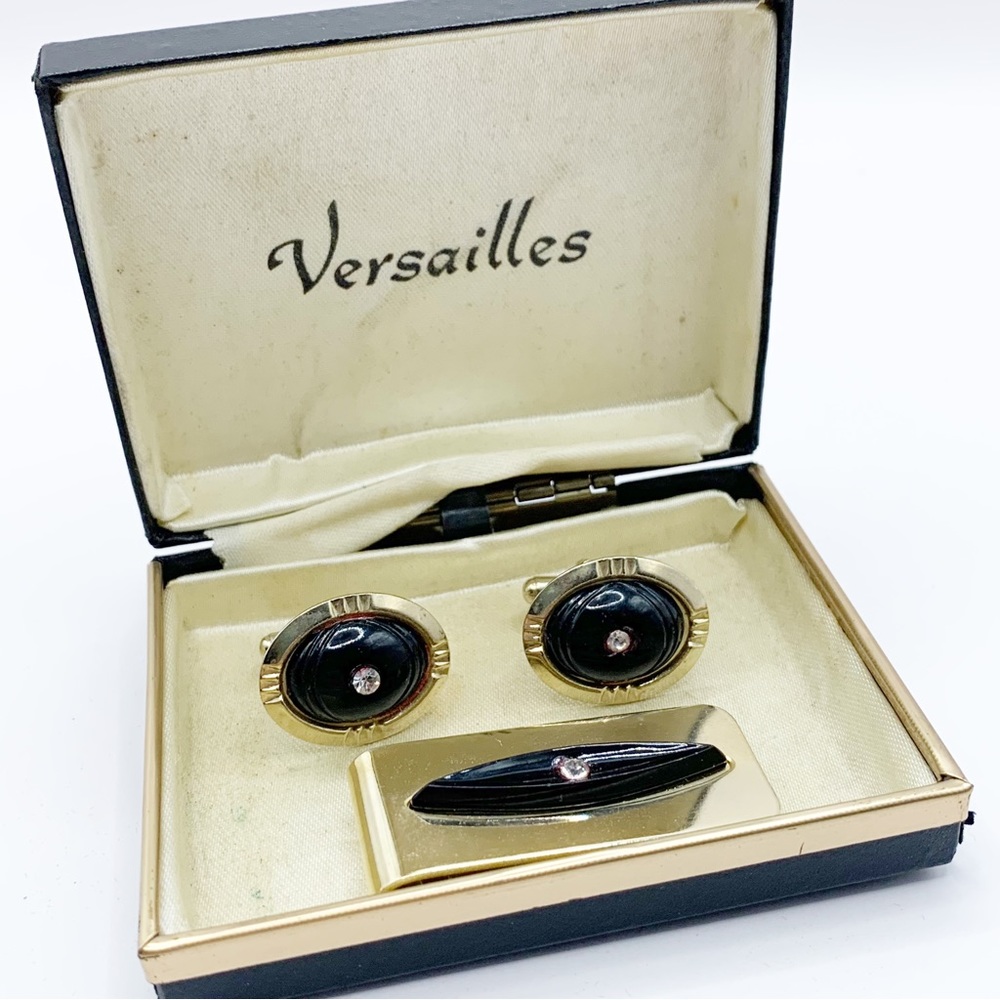 Vtg Versailles gold and black acrylic rhinestone MCM cuff links and clip
